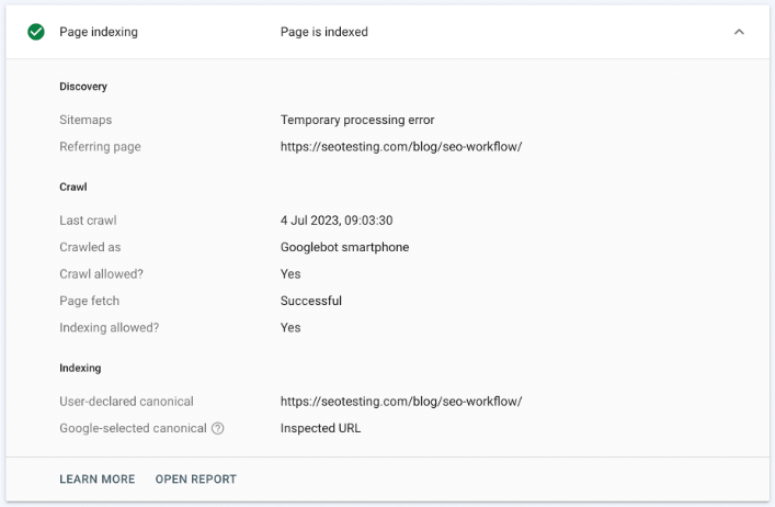 Google Search Console page indexing coverage details.