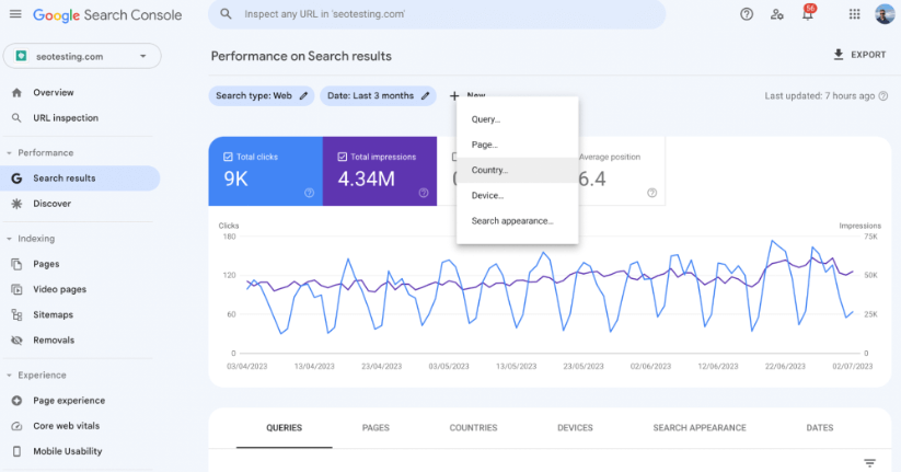 Dropdown to create country filter on Google Search Console.