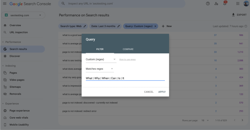 Window to write a custom regex filter.