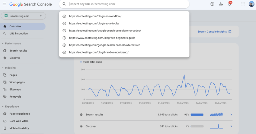 Google Search Console inspect URL search box.