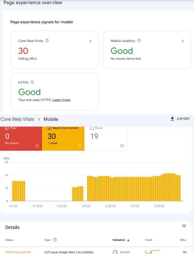 Search Console page experience overview