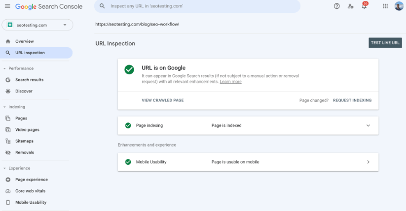 Search Console URL inspection results