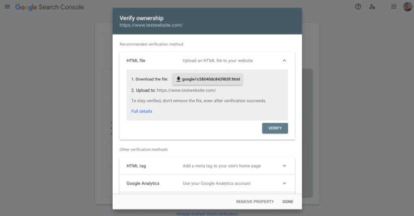 Search Console verify ownership methods.