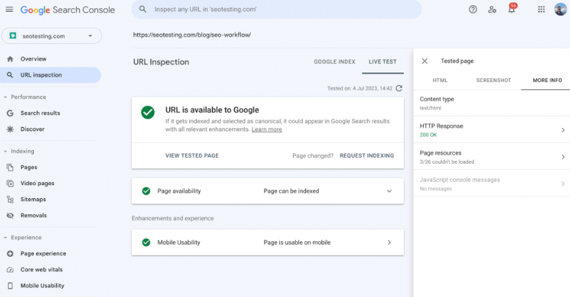 Google Search Console view crawled more info tab.