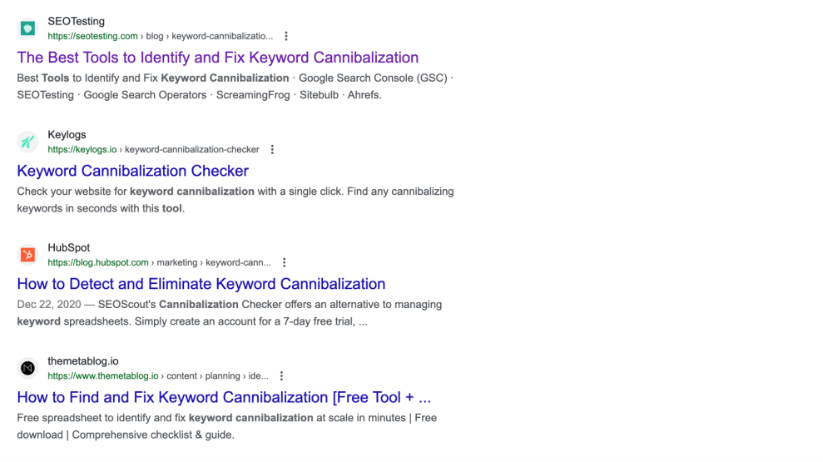 SERP for the query 'Keyword cannibalization tools'.