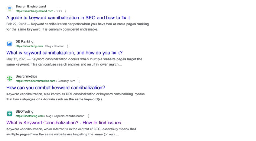 SERP for the query 'Keyword cannibalization'.