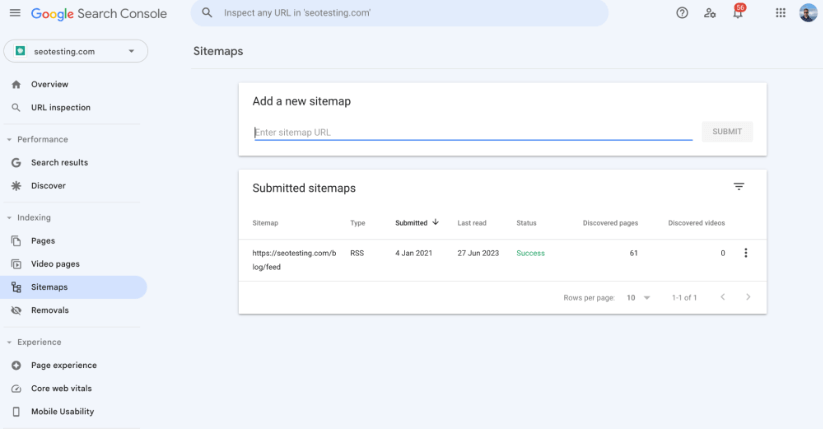 Page to submit a sitemap on Google Search Console.