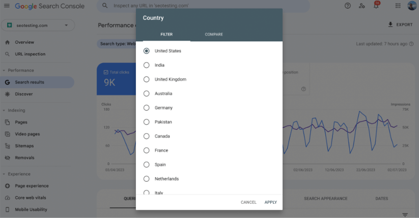 Window to select country filter on Google Search Console.