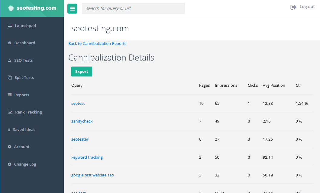 Screenshot of the keyword cannibalization report in SEOTesting.com