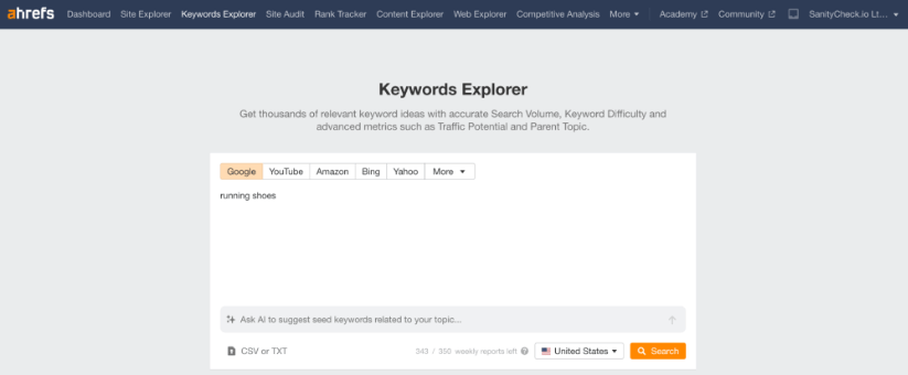 Ahrefs Keywords Explorer interface with running shoes keyword entered for search.