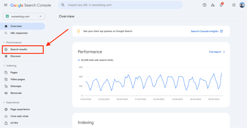 Google Search Console overview with arrow pointing to search results in the performance section.