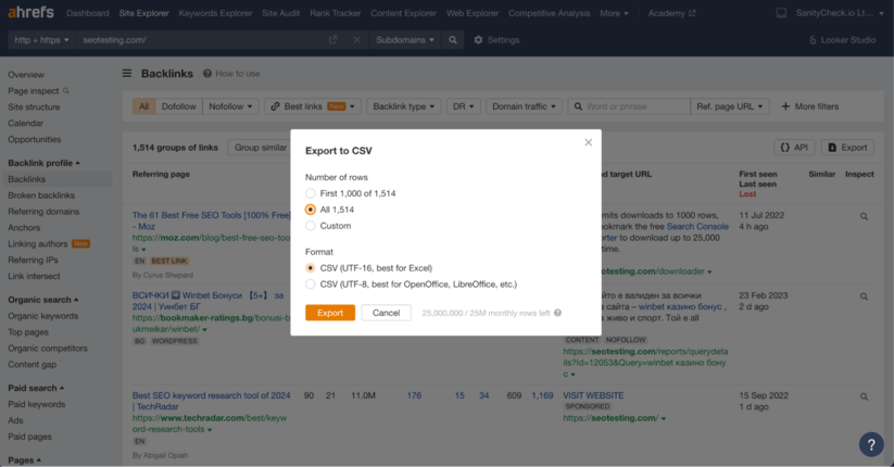 Screenshot of Ahrefs backlink report download interface with export to CSV option highlighted