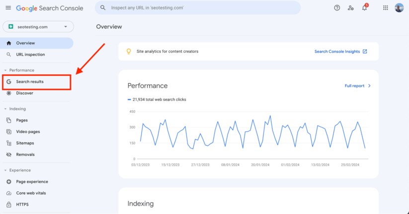 Image showing Google Search Console search performance overview