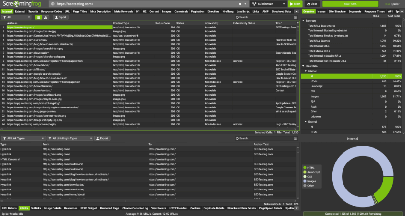 Screenshot of Screaming Frog SEO crawler software interface with URL details and response codes.