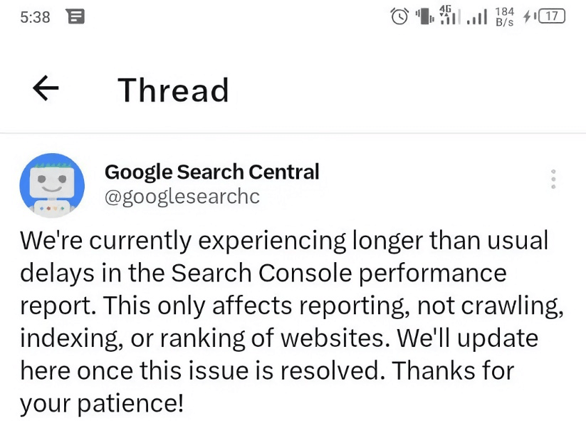 Google Search Central informing about a Google Search Console reporting issue.
