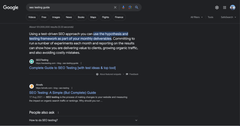 Google SERP page for the query seo testing guide.