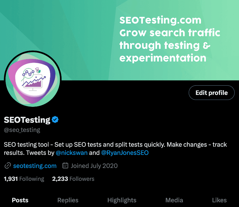 SEOTesting profile on X (formerly Twitter).