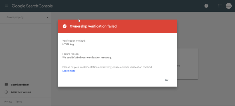 Ownership verification failed pop-up in Google Search Console.