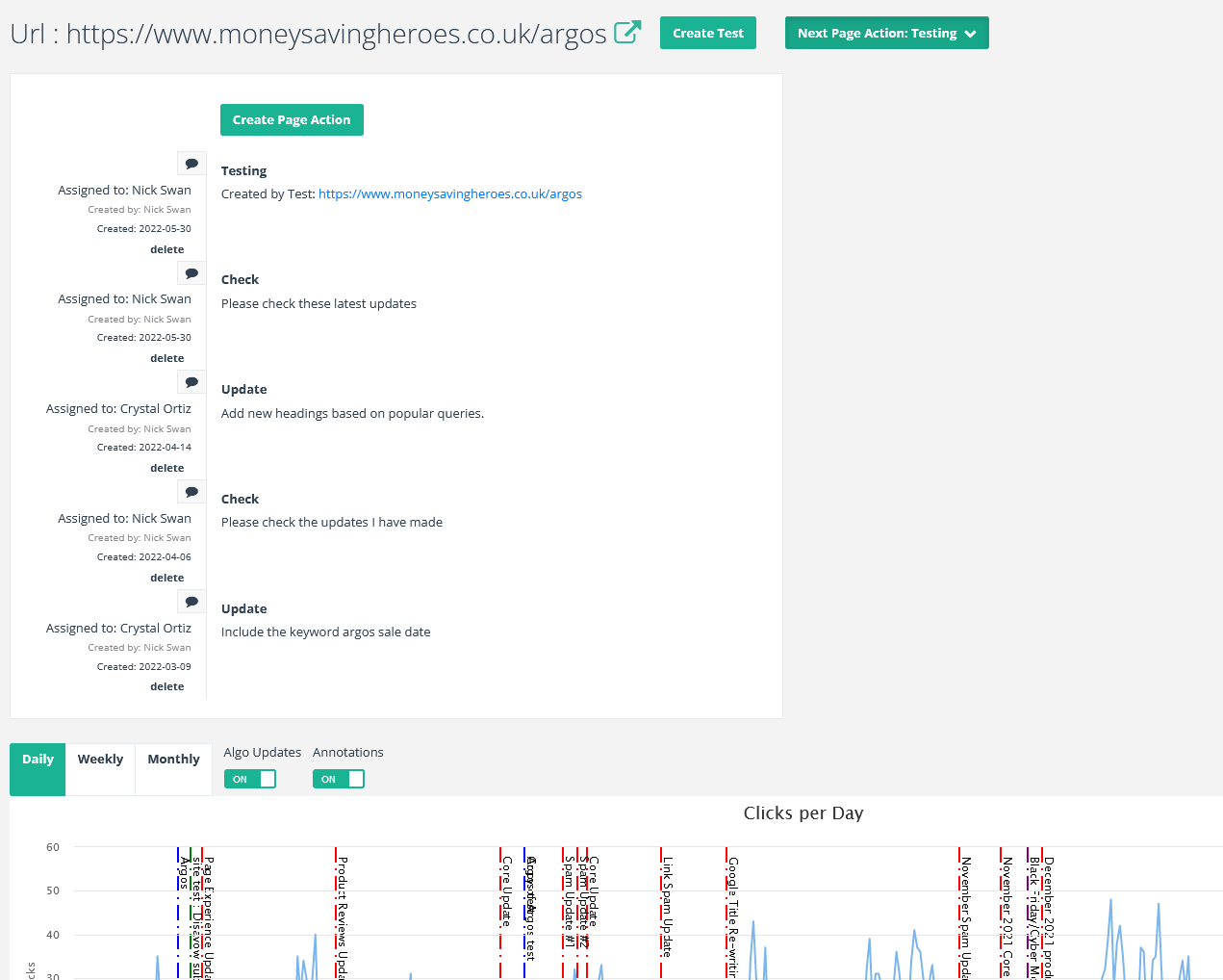 Page Action history view