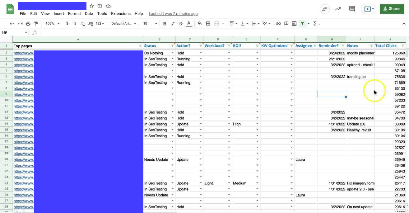 Spreadsheet of URLs, status values, and optimization information.