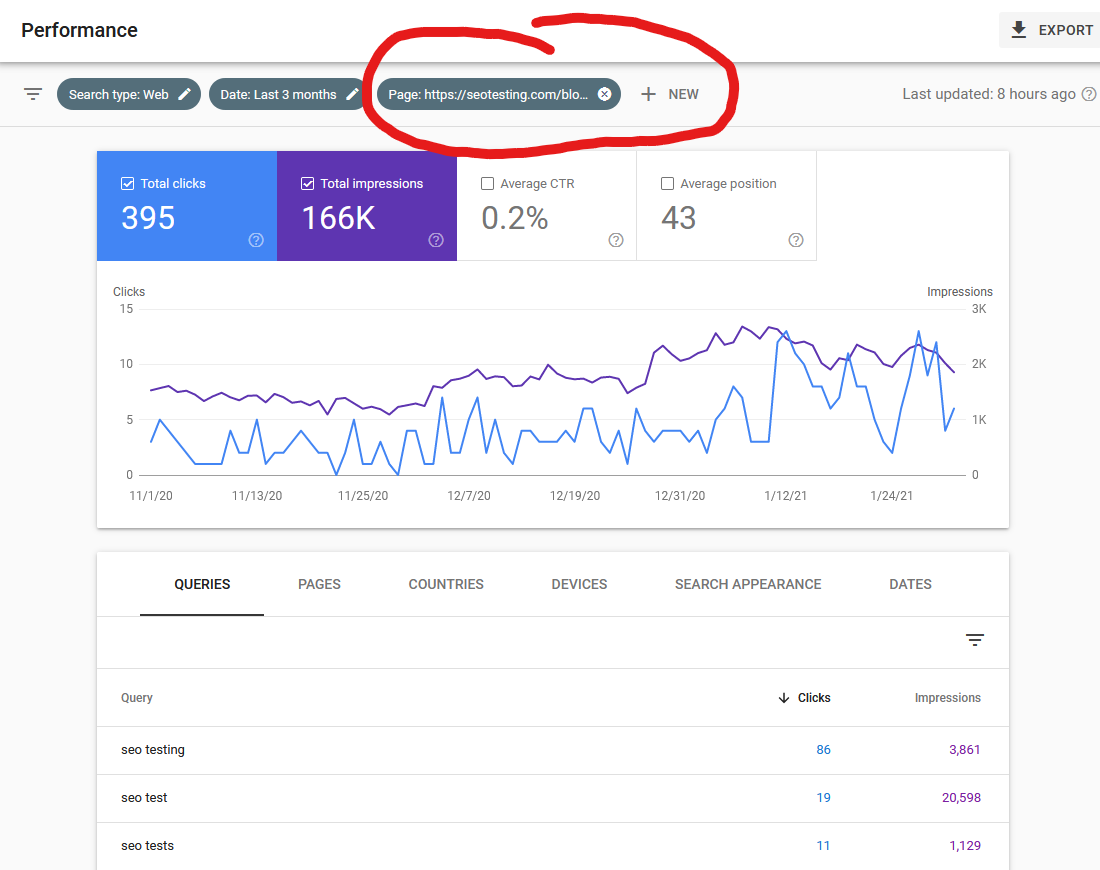 Screenshot of Google Search Console filtering queries for a particular page.