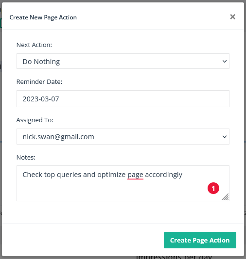 Create new page action dialog box on SEOTesting.