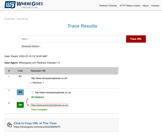 WhereGoes website showing the redirect path a URL takes.