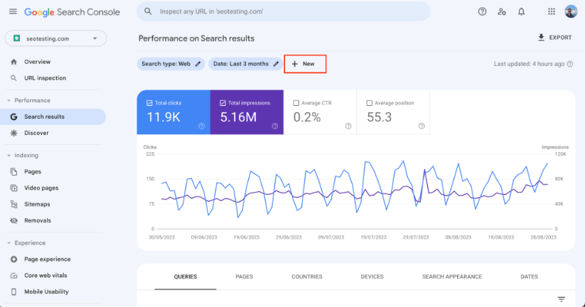 Creating a new filter in Google Search Console.