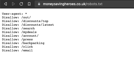 Robots.txt file on Money Saving Heroes website.