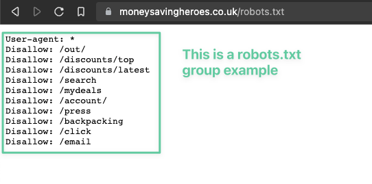 Group of directives on robots.txt from Money Saving Heroes.