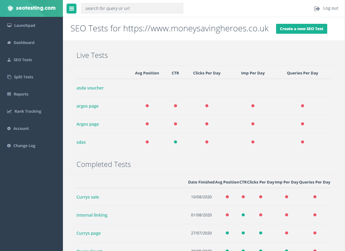 The SEO Tests home page displays all the tests currently running, and the completed tests.