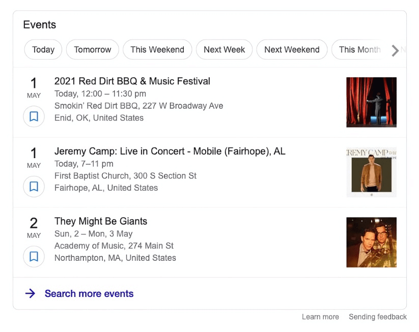 Knowledge panel generated on SERP for an event.