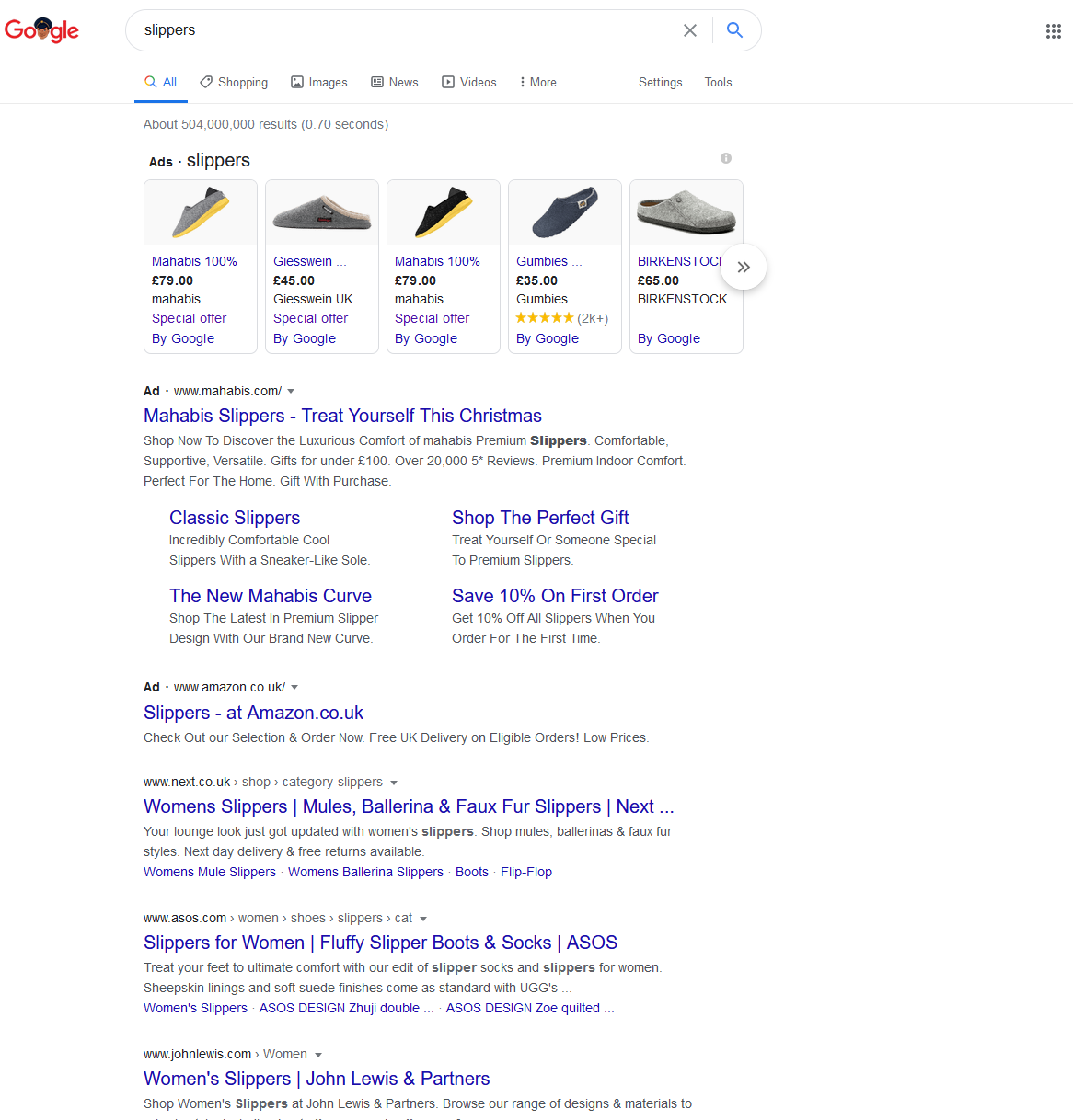 Slippers search results in Google
