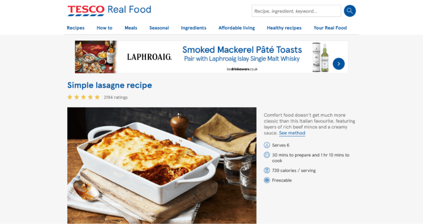 Tesco website for the article about a lasagna recipe