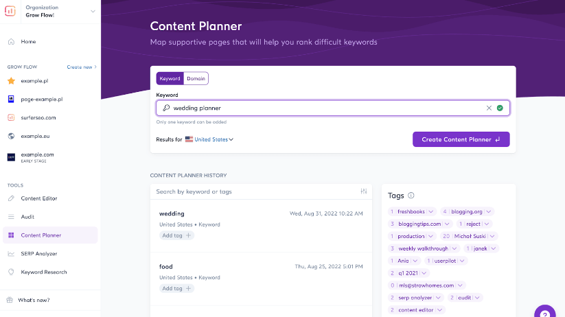 Surfer SEO content planner screen.
