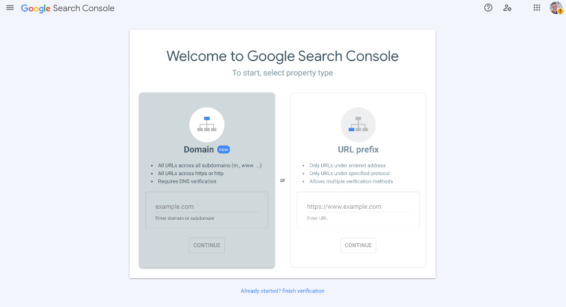 Screen to add a new property to Google Search Console.