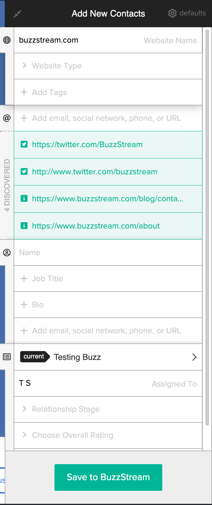 Buzzstream extension pop-up to introduce a contact information and details.