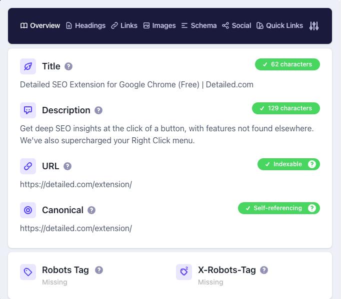 Detailed extension showing on-page metadata.