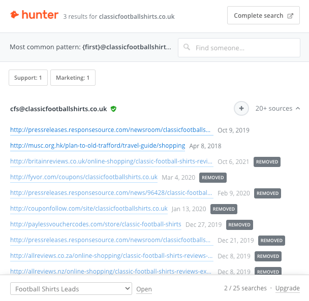 Hunter email addresses found on a website.