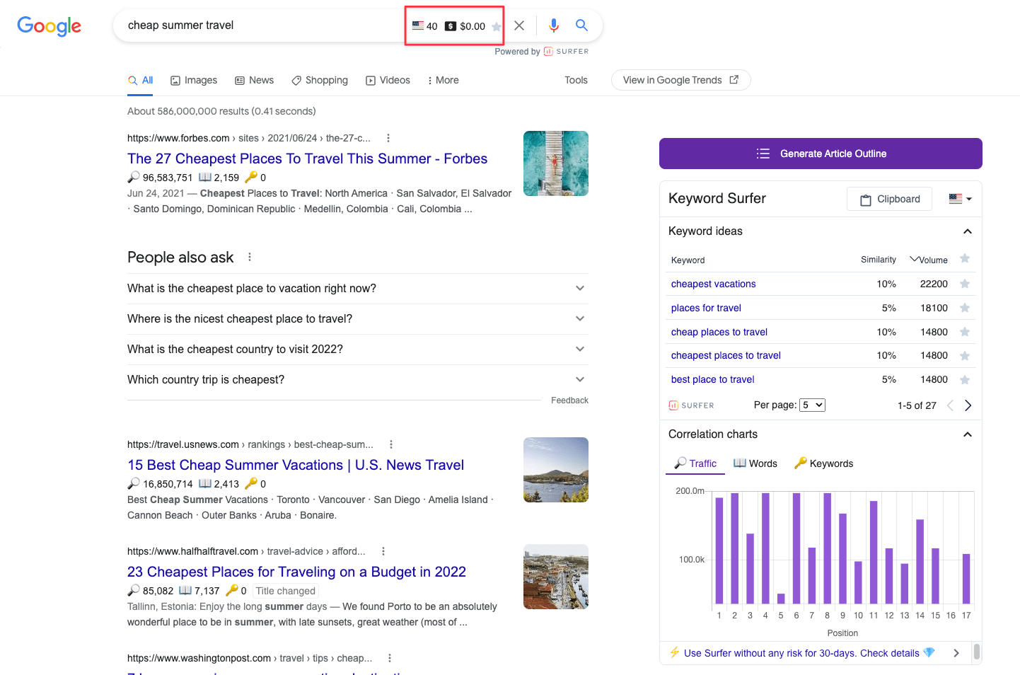 Keyword Surfer showing search volume on Google SERP.