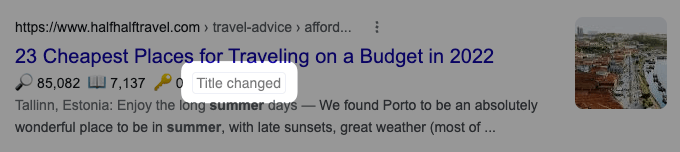 Keyword Surfer label on Google SERP informing about a title re-write.