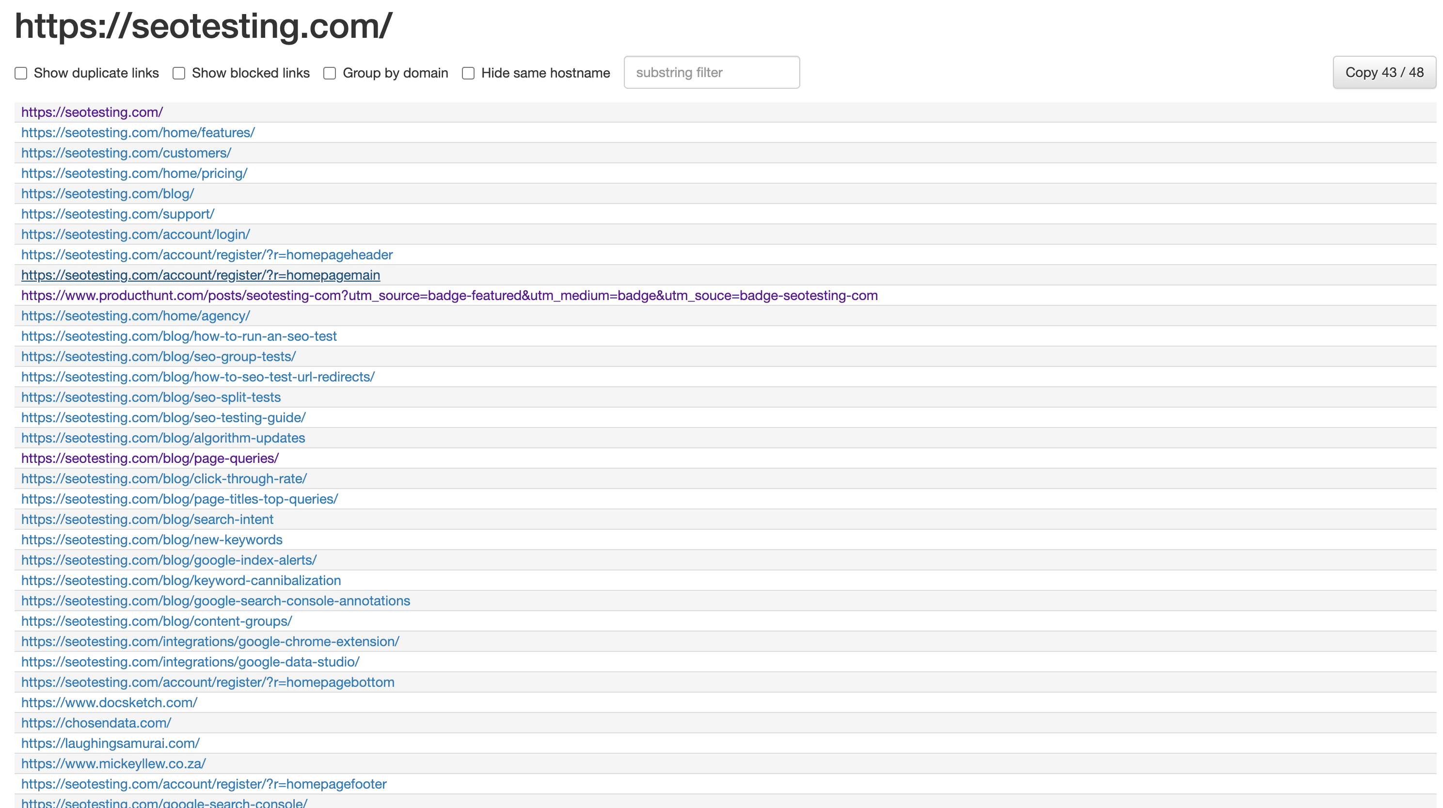 Link Redirect Trace showing number and type of redirect hops.