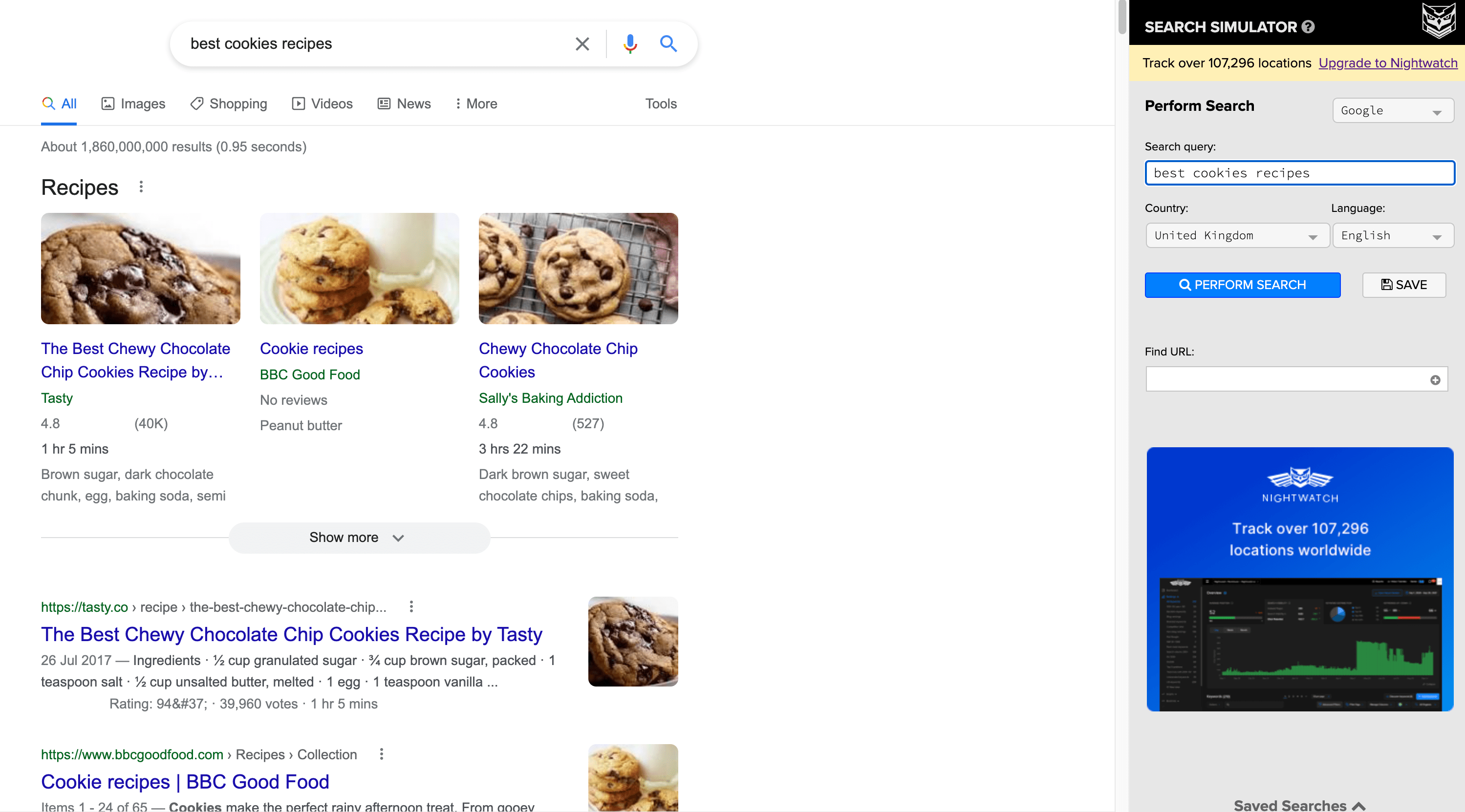 NightWatch search simulator for best cookies recipes query.
