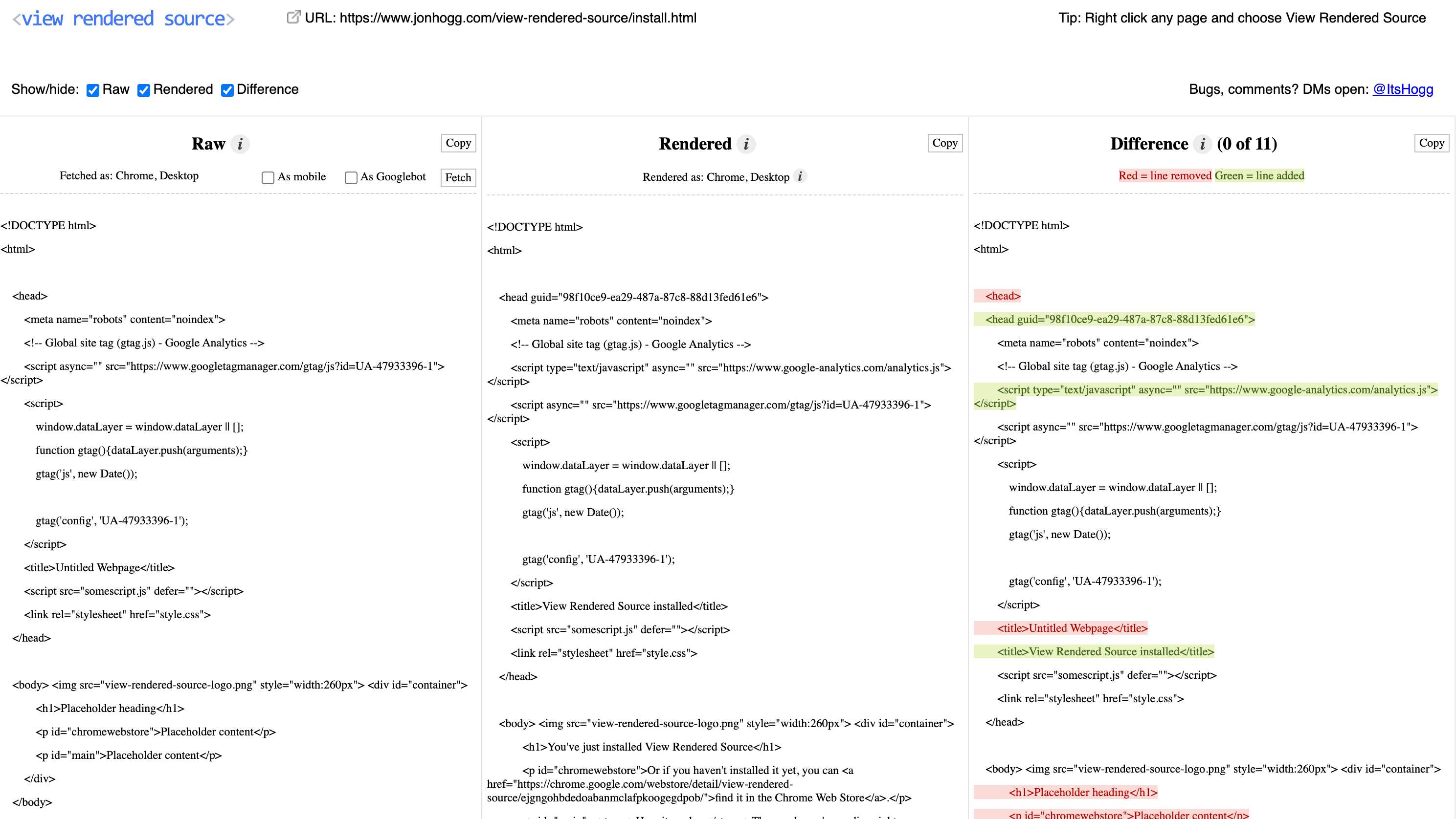 View Rendered Source compares raw data to the browser DOM.