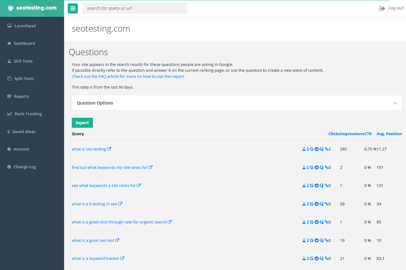 Screenshot showing the Questions to Answer report SEOTesting.com