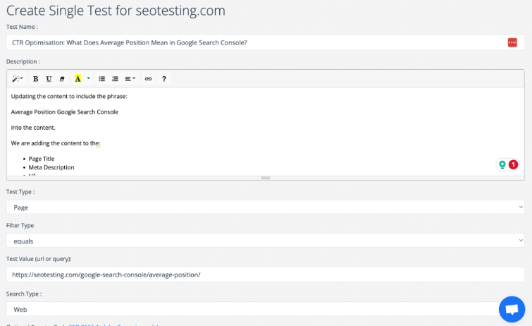 Page to set a Single Test on SEOTesting.