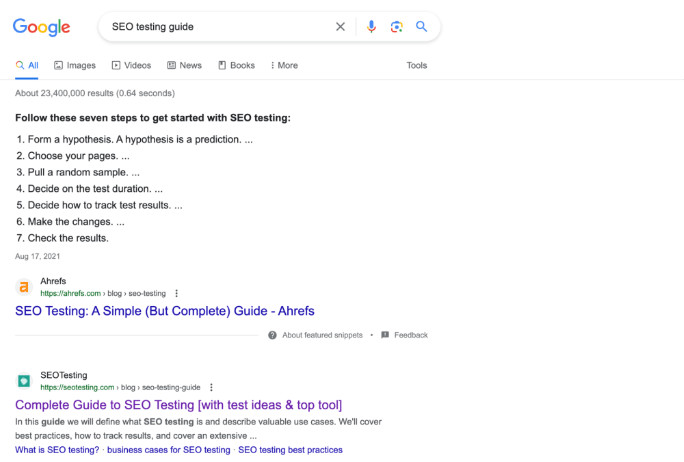 Search on Google for the query 'SEO testing guide'.