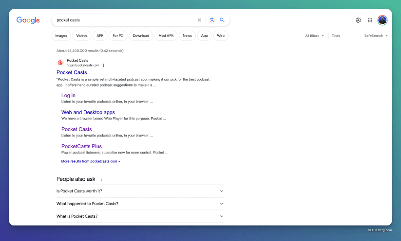 Google SERP for the query 'Pocket Casts'.