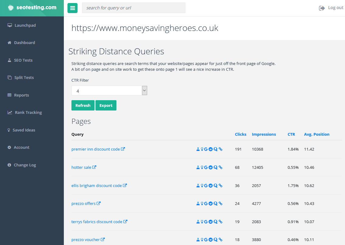 Screenshot of the striking distance keywords report in SEOTesting.com