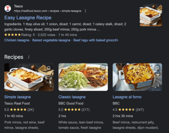 Google rich result example for a Lasagne recipe.